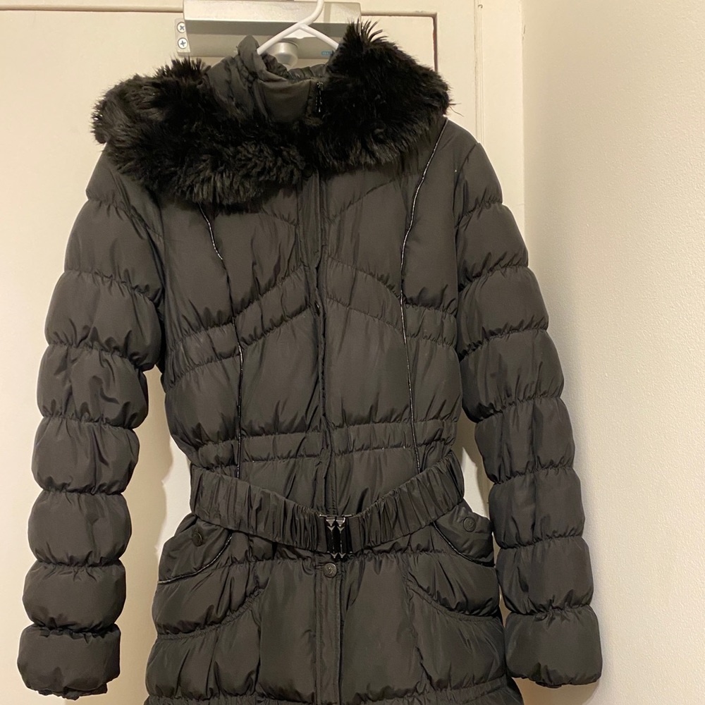 Betsey Johnson Belted Down Puffer Coat with Faux Fur collar